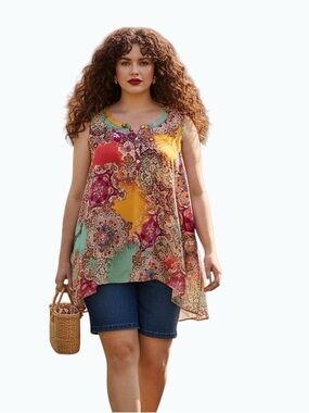 Spense Boho Mixed Print High-Low Tunic Plus Size 2X